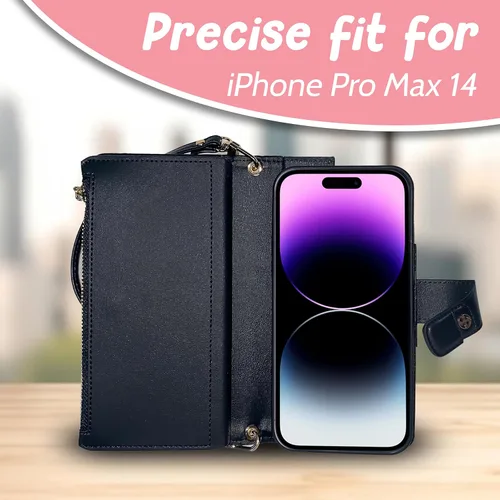 Vista 2 de Skywin Funda tipo cartera para teléfono celular compatible con iPhone Pro Max 14 (Negro) - Elegante funda para teléfono celular con correa, práctica