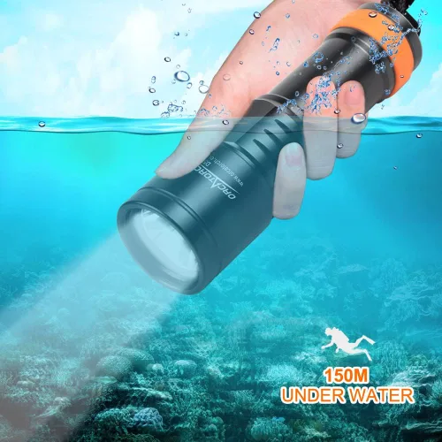 Vista 2 de ORCATORCH Luz de buceo D580, linterna subacuática máxima de 530 lúmenes con haz estrecho de 6 grados, interruptor giratorio impermeable IP68