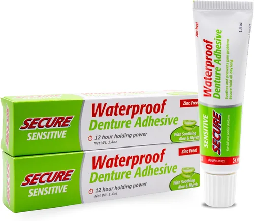 Vista 10 de Secure Adhesivo para Dentaduras Impermeable - Sin Zinc - Extra Fuerte 12 Horas de Sujeción - 1.4 oz (Paquete de 4)