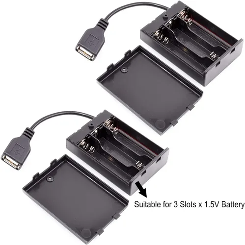 Vista 2 de Paquete de 2 cajas de batería 3AA, 3 soportes de batería AA con cable USB, caja de batería USB de 4.5 V (3 x 1.5 V), 3 ranuras x caja de batería