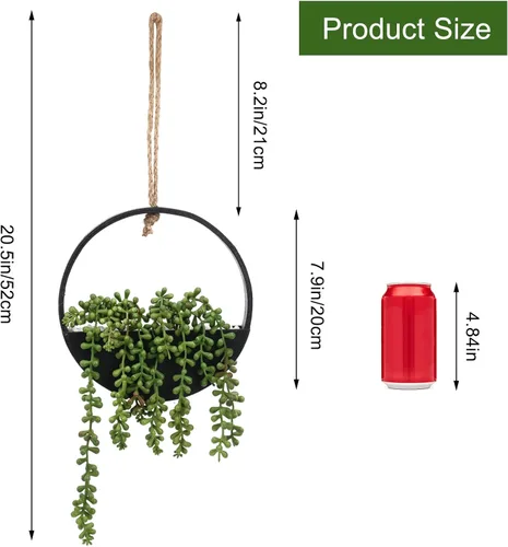 Vista 2 de CEWOR 2 plantas suculentas artificiales colgantes, cadena de perlas falsas en maceta con cordón, decoración de pared bohemia para baño, sala de Negro