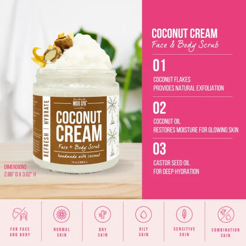 Vista 3 de Mojo Spa Coconut Cream Face & Body Scrub Coconut, Vanilla Scent Moisturizing Sugar Based Exfoliator 10 oz