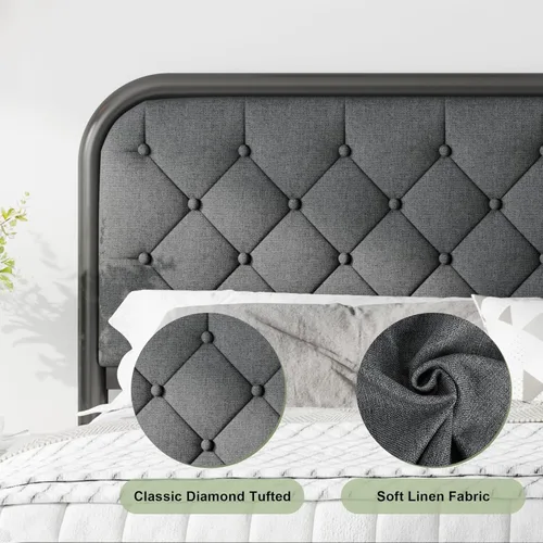 Vista 5 de Feonase Base de cama de tamaño matrimonial con cabecera tapizada de lino, cama de plataforma de metal resistente con espacio de almacenamiento