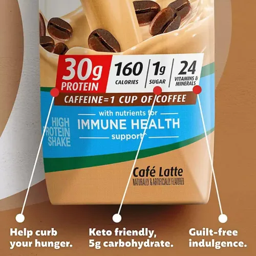 Vista 4 de Protein Shakes Paquete múltiple Premier de sabor Café Latte 1.06 oz de proteína, 0.04 oz de azúcar, 24 vitaminas y minerales, nutrientes