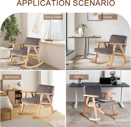 Vista 7 de Silla mecedora decorativa, moderna silla mecedora con asiento acolchado, sofá individual de madera para sala de estar, dormitorio, oficina