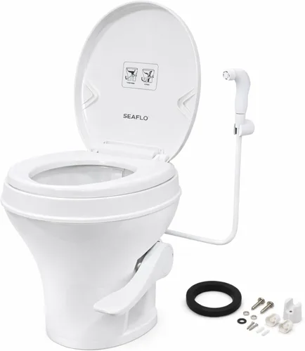 SEAFLO Inodoro de altura residencial para cámper o caravana con accesorio rociador, altura estándar de 18.5 pulgadas, sistema de descarga por