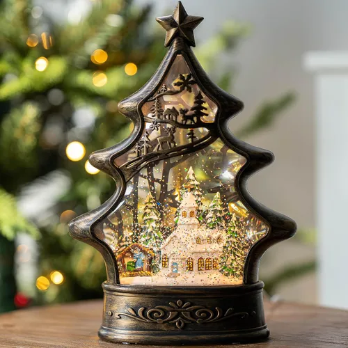 Vista 33 de Linterna de Globo de Nieve de Navidad con Agua Brillante, Árbol de Navidad con Música, USB Conectado/Funciona con Pilas, Linterna Iluminada