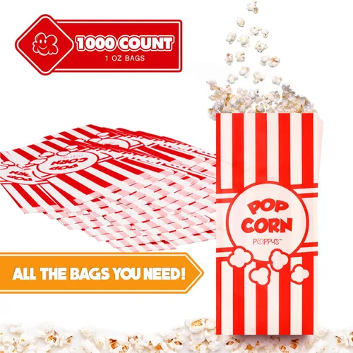 Vista 2 de Bolsas de papel para palomitas de maíz Poppy's - 1000 bolsas de 1 onza de grado de concesión, accesorios para máquina de palomitas para bares