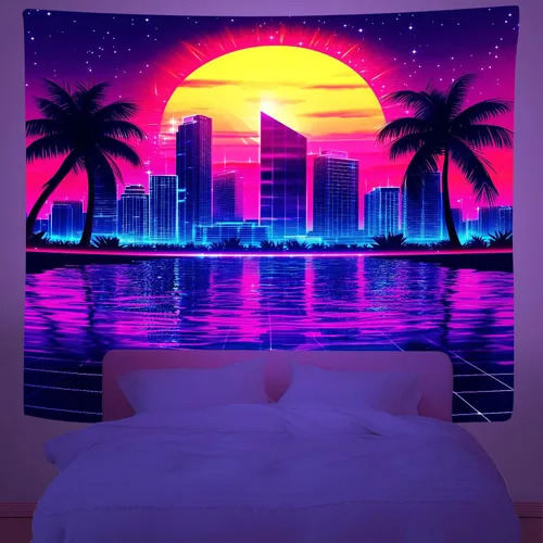 Zpryzmia Blacklight Retro Synthwave Tapestry, UV Reactive Neon Punk City Tapestries Wall Hanging Black Lights Posters Starry Sky Sun Palm Trees