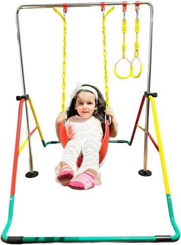Barra de gimnasia para niños, juego 4 en 1 con asiento de columpio, 2 anillos de trapecio, barra horizontal expandible y plegable, equipo de