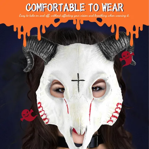 Vista 8 de ABOOFAN Máscara de cabra, máscara de calavera de animal, máscara de cabeza de cuerno de carnero, máscara de Halloween, fiesta de máscaras, cosplay