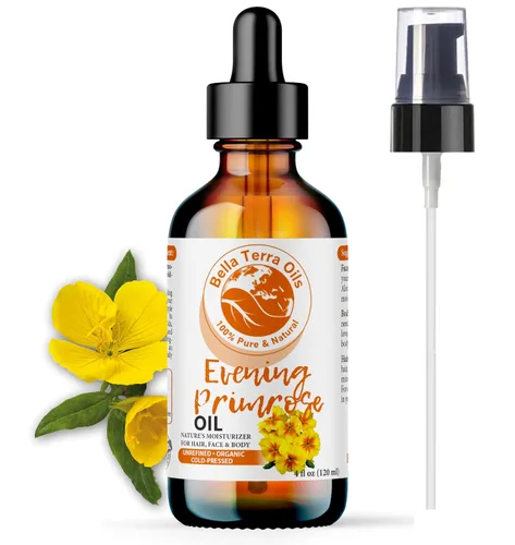 Bella Terra Oils - Aceite orgánico de onagra de 4 onzas - Revela la riqueza de la onagra orgánica prensada en frío, abundante en vitamina F y ácidos