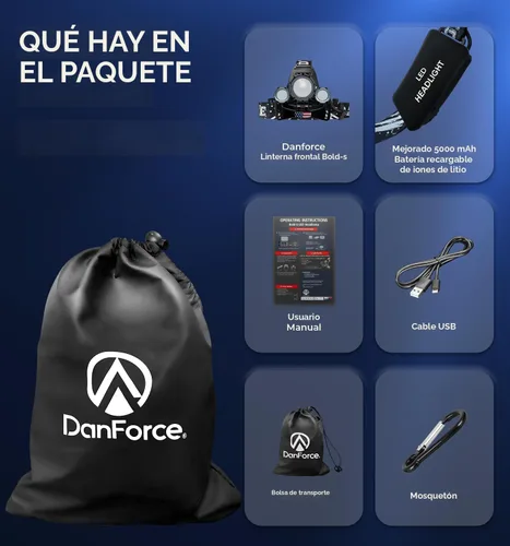 Vista 5 de DanForce Linterna frontal. Lámpara LED recargable por USB para la cabeza. Linterna frontal ultra brillante LUMINUS de 1080 lúmenes + luz roja.