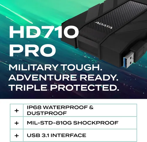 Vista 2 de ADATA HD710 Pro - Disco duro externo de 1 TB - A prueba de golpes, impermeable y a prueba de polvo - Almacenamiento duradero - Para jugadores, Negro