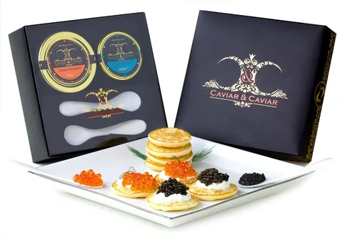 Regalo de caviar – 1 oz Royal Osetra – 2 oz de huevas de salmón fresco de Alaska Keta + 2 cucharas de nácar gratis