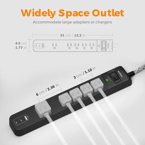 Vista 4 de Paquete de 2 protectores de sobretensiones de regleta de alimentación – 5 salidas ampliamente espaciadas, 3 puertos de carga USB, cable de extensión