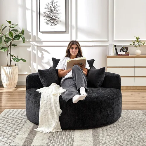 Tumbona redonda de felpilla de 55 pulgadas de gran tamaño, silla de descanso con una sola nube, silla moderna mullida para sala de estar, no Negro