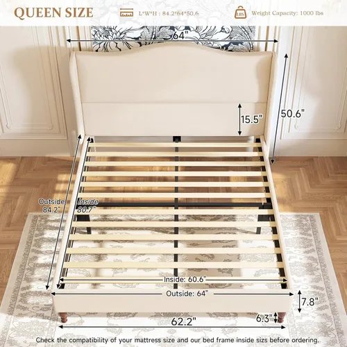 Vista 2 de koorlian Marco de Cama Tamaño Queen Cama Plataforma Tapizada con Cabecera Alta de 51" con Respaldo Alado, Tela Suave, Cama Plataforma