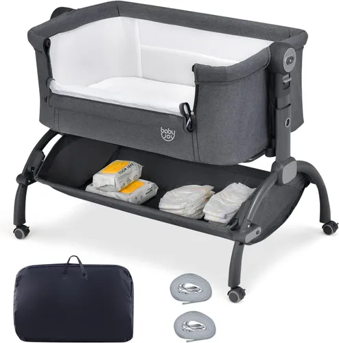Vista 9 de BABY JOY Cuna de bebé, Cuna mecedora 3 en 1 con cesta de almacenamiento, diseño de doble bloqueo, 7 alturas ajustables, colchón suave y bolsa