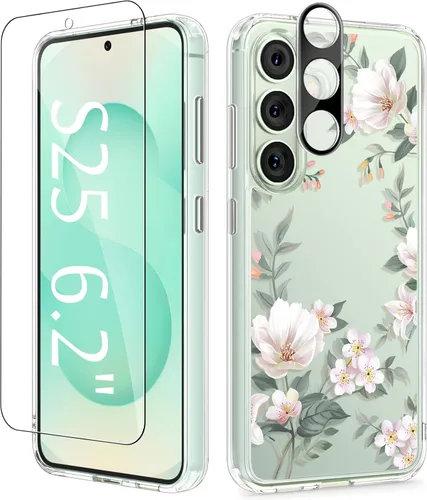 Vista 53 de GVIEWIN Funda protectora para Samsung Galaxy S25, transparente floral, delgada, a prueba de golpes, para mujer, no se pone amarilla, con protector
