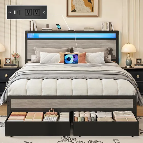 Vista 11 de Fluest Base de cama individual, base de cama individual con cabecera de almacenamiento y cajón de almacenamiento, estación de carga y luz LED,