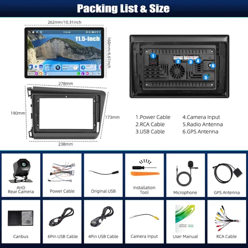 Vista 8 de [4+64GB] Android 15 Car Radio Stereo for Honda Civic 2012 2013 2014 2015 with Wireless CarPlay Android Auto,11.5" Touch Screen Car Radio with