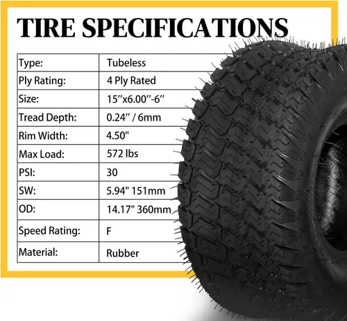 Vista 2 de SUNROAD Juego de 2 neumáticos para cortacésped para tractor de jardín, carrito de golf, sin cámara, 15x6.00-6 4PR 15x6x6