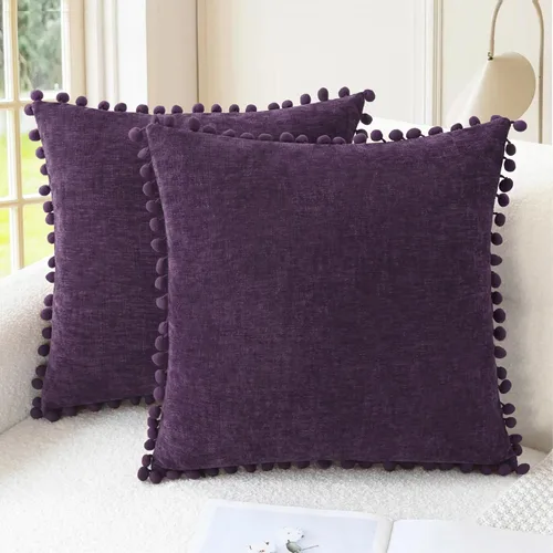 CaliTime Juego de 2 fundas de cojín decorativas de 18 x 18 pulgadas, fundas de cojín de felpilla suave teñidas con pompones para sofá, cama, sala de