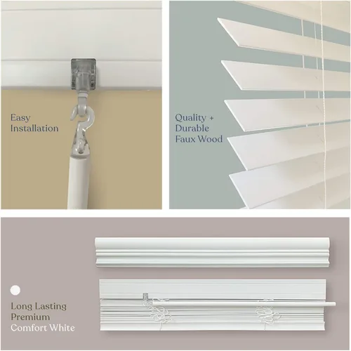 Vista 3 de MOOD Persianas de madera sintética, persianas de 68 pulgadas para ventanas, tratamiento de ventana opacas inalámbrico de 2 pulgadas, blanco cómodo