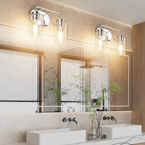 Vista 4 de Tipace Lámpara de tocador de baño vintage cromada, 2 luces, moderna de acero inoxidable con vidrio transparente, aplique de iluminación industrial