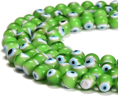 JM Design Peridot Green Evil Eye Glass Cuentas redondas lisas tamaño 0.236 in 15.5'' Hebra para fabricación de joyas