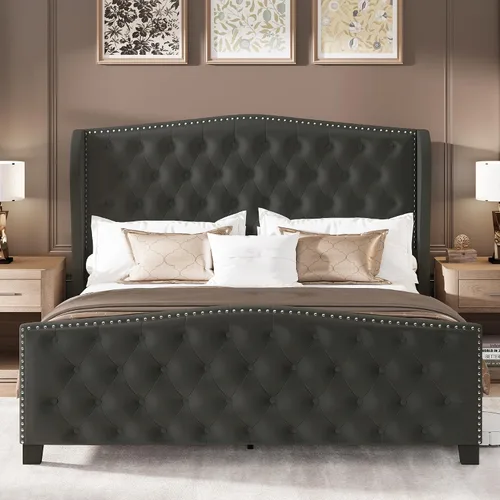 Vista 8 de LARMACE Base de cama tamaño Queen con tapizado de terciopelo, cama de plataforma con cabecera y pie de ala, base de cama con botones profundos