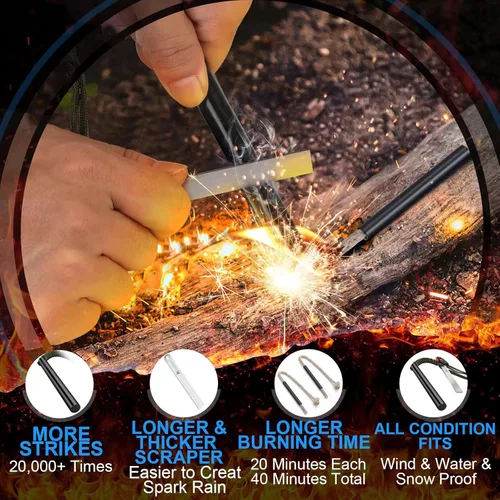 Vista 2 de Kit de arranque de fuego con barra de ferro – Pedernal y acero de 5" con dos cordones de yesca encerada y paracord para camping, senderismo
