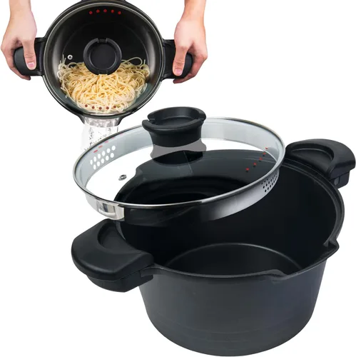 MasterPan Olla antiadherente para pasta de 5 cuartos de galón con asas de bloqueo y colador fácil de verter, 9 pulgadas