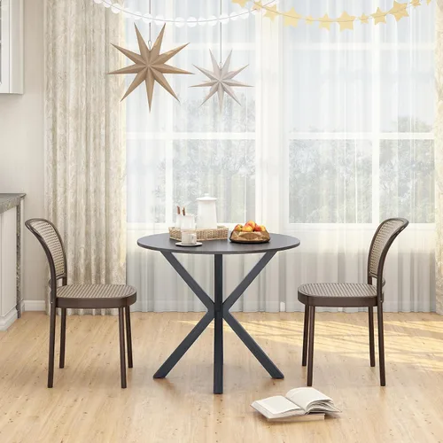 Vista 9 de Giantex Mesa de comedor redonda de 36" para 4, mesa de cocina estilo granja con patas de madera de goma, almohadillas ajustables para pies, mesas
