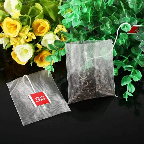 Vista 8 de Bolsa de filtro de té, 100 bolsas vacías de nailon para infusor de té con cordón para el hogar, hojas sueltas, té, café
