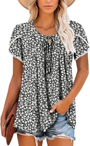 Vista 3 de BETTE BOUTIK Blusas de verano para mujer, plisadas, de manga corta, con cordón, cuello redondo, tallas S-3XL