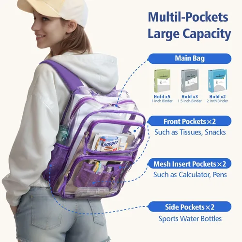 Vista 3 de F-color - Mochila transparente grande, bolsa transparente de PVC resistente para estadio y escuela