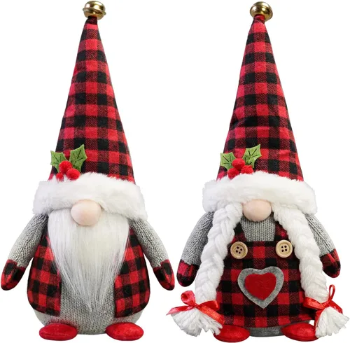 Gnomos de Navidad de peluche con cuadros de búfalo rojo, paquete de 2 figuras hechas a mano para Navidad, San Valentín, Tomte, figuritas