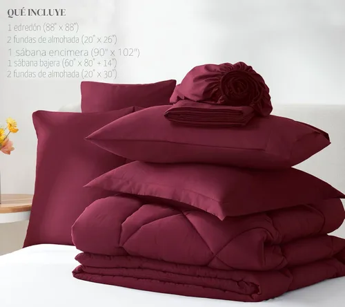 Vista 6 de CozyLux Juego de edredón de tamaño Queen, rojo burdeos, toda la ropa de cama en una sola bolsa, 7 piezas: edredón, fundas de almohada y de almohada