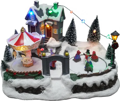 Vista 7 de Accesorios de pueblo navideño, carruaje dibujado por caballos, edificios coleccionables con 8 canciones y luces LED, figuras coleccionables