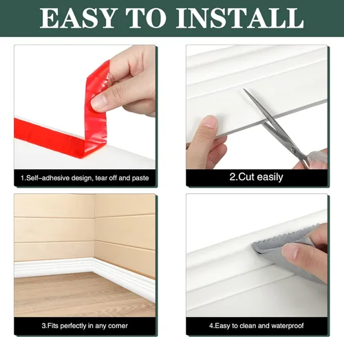 Vista 4 de Sasylvia 2 piezas de moldura flexible para zócalo de 4 pulgadas x 16 pies, base de pared de vinilo autoadhesiva para despegar y pegar, base de pared