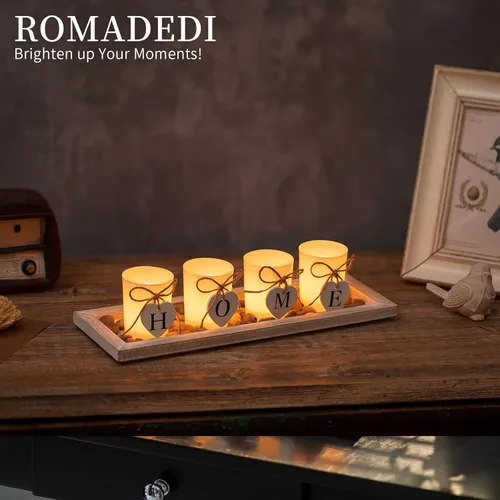 Vista 2 de Romadedi Portavelas Decorativo de Centro de Mesa Estilo Granja - Bandeja de Madera Rústica con 4 Portavelas de Vidrio para Velas de Té para Mesa