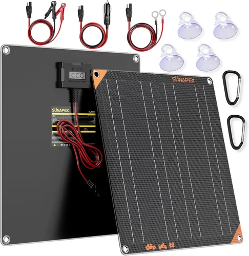 Vista 10 de SUNAPEX Cargador de Mantenimiento Solar de 12V 30 Vatios - Cargador de Batería Impermeable Alimentado por Energía Solar - Kit de Panel Solar
