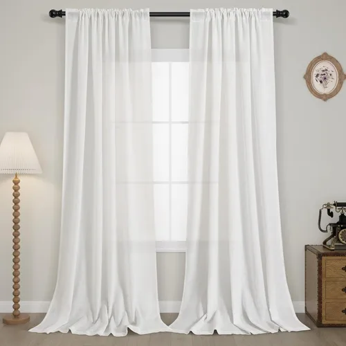 Vista 45 de Guken Cortinas de lino verde aguamarina de 84 pulgadas de largo, juego de 2 paneles semitransparentes con bolsillo para barra para comedor