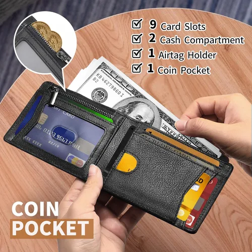 Vista 2 de Cloud pie Billetera delgada de cuero AirTag para hombre con bolsillo para dinero, bloqueo RFID, billetera delgada AirTag con bolsillo para monedas