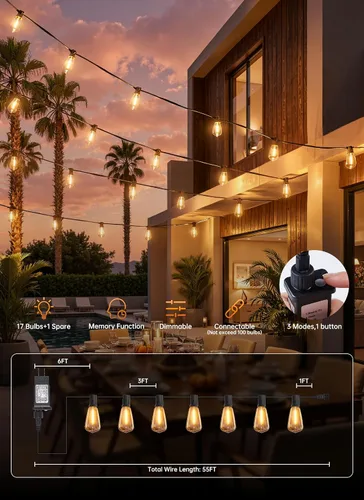 Vista 7 de Minetom Outdoor String Lights with Remote 37FT, ST38 Patio Lights