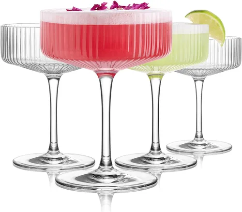 LUNA & MANTHA Coupe - Juego de 4 vasos de Martini acanalados de cristal de 10 onzas, vidrio de cóctel vintage, soplado a mano para espresso martini,