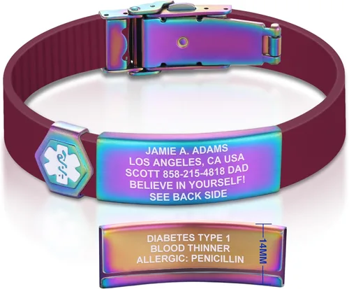 Vista 11 de Divoti Pulsera de identificación de alerta médica grabada personalizada, grabado láser de doble cara (hasta 9 líneas), pulsera de silicona ajustable