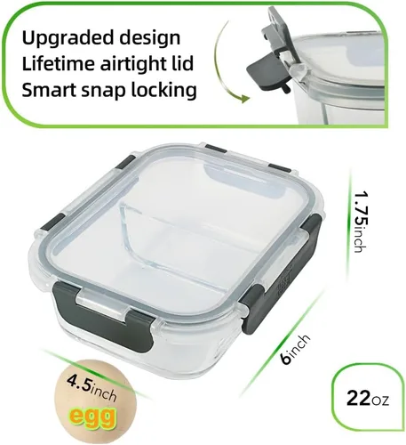 Vista 2 de Contenedores de preparación de comidas, 2 compartimentos con cuencos de vidrio con tapas, recipientes de almacenamiento de alimentos, recipientes